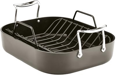 All-Clad Essentials Hard Anodized Nonstick Roaster with Rack 11x14 Inch Oven Broiler Safe 500F Roaster Pan, Pots and Pans, Cookware Black
