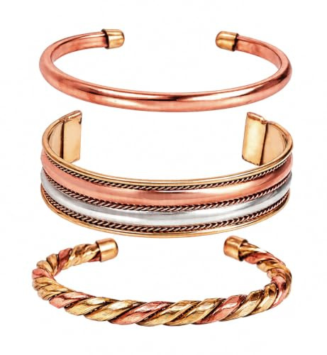 Touchstone fabriqué à la main par des artisans indiens qualifiés en cuivre de haute qualité en laiton de paix Chakra fils de tuyaux torsadés tresse médiation 3 bracelets dans des tons naturels.