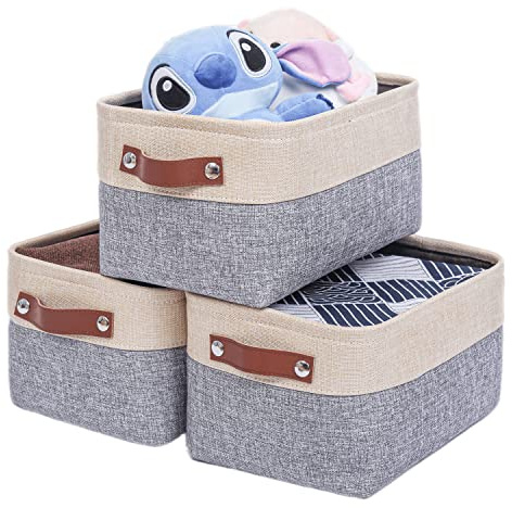 Mangata Fabric Storage Boxes, Thickened Canvas Storage Baskets with Handle for Shelves, Clothes Toys(L, Grey/Beige, without Drawstring,3 Pcs)