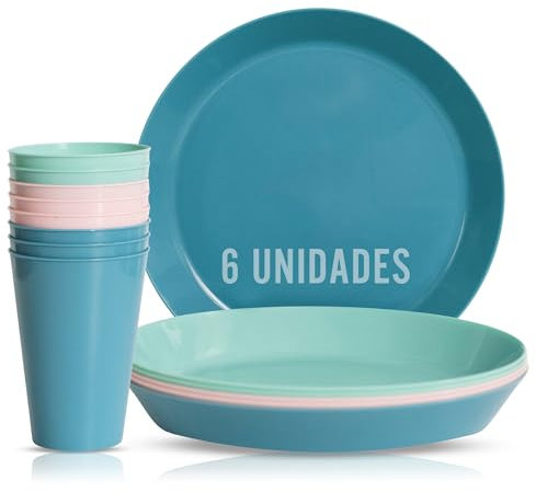 Mypicompany Pack de 6 Vasos Plastico Duro y 6 Platos Plastico Duro Reutilizables Platos y Vasos para Cumpleaños. Vajilla Camping apta para Microondas