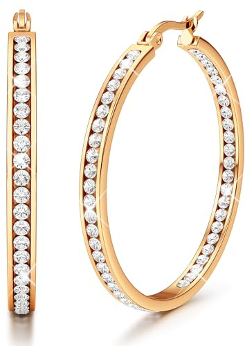 Adramata Creoles Acier Inoxydable Boucles D'oreilles Femme Créoles Zircon Cubique Creoles Or Rose Femme 40mm