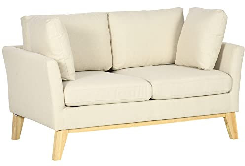 HOMCOM 2-Sitzer Sofa Doppelsofa in Leinenoptik, Zweisitzer mit Kissen, Loveseat mit Holzbeinen für Wohnzimmer, Schlafzimmer, bis 150 kg, Beige, 137 x 78 x 78 cm