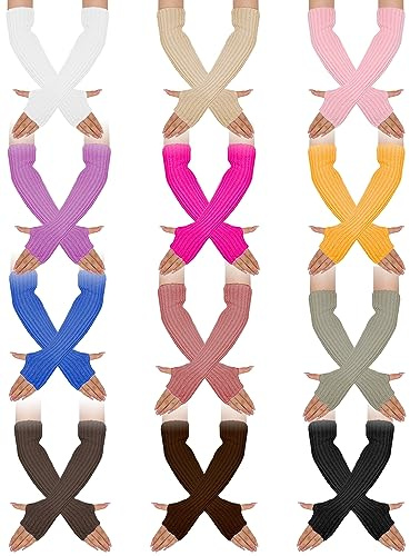 Suhine 12 Pairs Arm Warmers for Women Cute Knit Long Fingerless Gloves Wrist Warmers with Thumb Hole Y2k Japanese Style for Cold Weather Typing Driving Cosplay Winter Christmas Gift