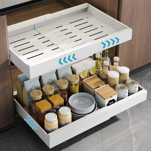 Pull Out Cabinet Organizer, Extendable Slide Out Drawer Storage Shelves, Fixed with Adhesive Nano Film, Heavy Duty Pull Out Kitchen Storage Drawer for Kitchen Cupboard Bathroom, No Need Nails