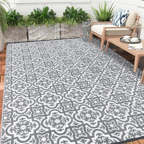 Enyhom Large Outdoor Rug for Garden 240x300cm Waterproof Patio Grey Print Reversible Mat Lightweight RV Camping Outdoor Area Rug Plastic Straw Carpet for Balcony Deck Backyard Picnic Porch Beach