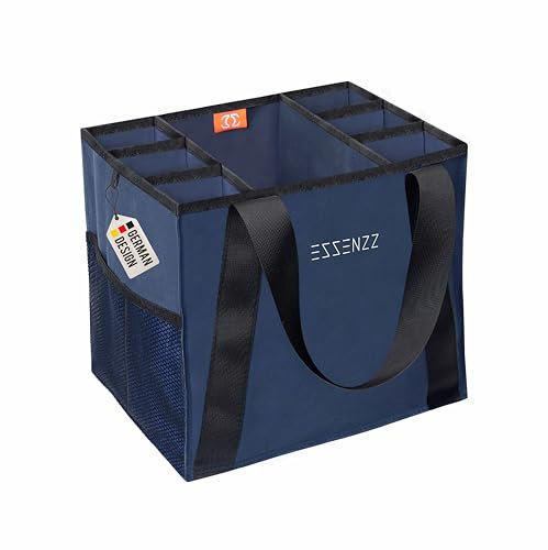 ESSENZZ Shopssta - Der Flaschen Organizer + Einkauf/Flaschenträger für 6-9 - 12 Glasflaschen 1L - 1,5L / Flaschentasche 24 Dosen 0,5l Bier, Sixpack oder Weinflaschen = XXL Einkaufstasche faltbar
