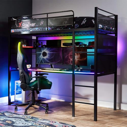 X-Rocker Battlebunk RGB High Sleeper Bunk Bed With Desk, Single Loft Bed, LED Lights, Ladder, Metal Frame Gaming Bed for Kids Teens With Computer Desk, 3ft - Black