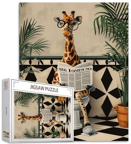 Tucocoo Niedliche Giraffe auf Toiletten-Puzzles für Erwachsene, 1000 Teile, lustige Tier-nordische Badekunst, DIY-Bastelpuzzles für Heimdekoration, Geschenke, Familie herausforderndes Puzzle, perfekt