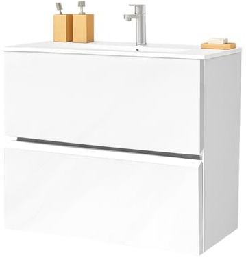 EL BAÑO MODERNO Juego Mueble Baño con Lavabo. Mueble Lavabo 80 cm. Mueble Bajo Lavabo Compacto Preinstalado de Fábrica. Mueble Baño con Lavabo 80 cm con Pie de Porcelana. No Incluye Espejo.