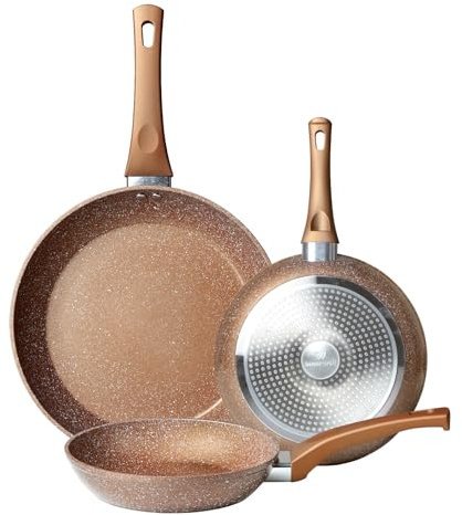 Innerwell 3-teiligs Antihaft Pfannenset 20+24+28 cm, Induktion Pfanne Keramik Antihaftbeschichtung, Granit Pfannen, PFOA-frei, PTFE-frei, PFAS-frei, Backofenfest, Spülmaschinenfest, Gold