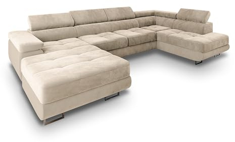 Masseno Canapé d'angle CASONE R-S avec Fonction Couchage Forme en U, Glamour, avec Coffre de Rangement, Ensemble canapé de Salon - Crème