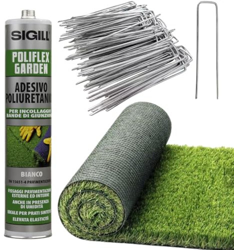 FORTUNATO Rotolo Prato ErbaBella Larghezza 2 mt Fili Erba 25 mm + 40 Picchetti Fissaggio Posa + Adesivo Monocomponente