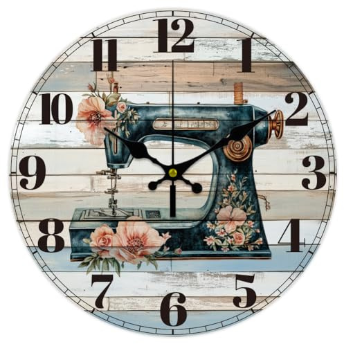 CHGCRAFT 12inch Sewing Machine Wall Clock Retro Style Battery Operated Silent Non Ticking Flowers Round Decorative Clock for Office Home Kitchen Decor