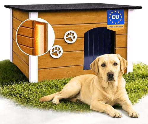 Outentin Niche pour Chien en Bois Isolée XL – Grande Maison Chien Extérieur Hiver – Refuge pour Chiens Jardin avec Toit Ouvrant – Niche Extérieure pour Grand Chiens en Bois FSC –105 x 71 x 64cm,Chêne