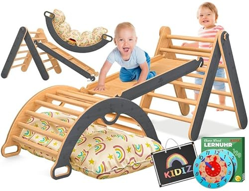 Kidiz® Klettergerüst Montessori 7in1 Spiel-Set mit Kletterbogen Rutsche Kletterdreieck aus Holz inklusive Kissen, Tafel & Lern-Uhr | Indoor Spielplatz für Kleinkinder ab 1 Jahr & Kinder bis 3 Jahre