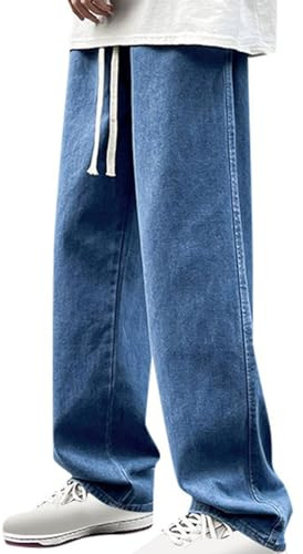 Baggy Jeans for Men,Elastic Waist Drawstring Wide Leg Regular-Fit Harajuku Skater Heavy Duty Denim Pants Smart Basic Men's Outdoor Trousers Streetwear Outwear Blue 3XL