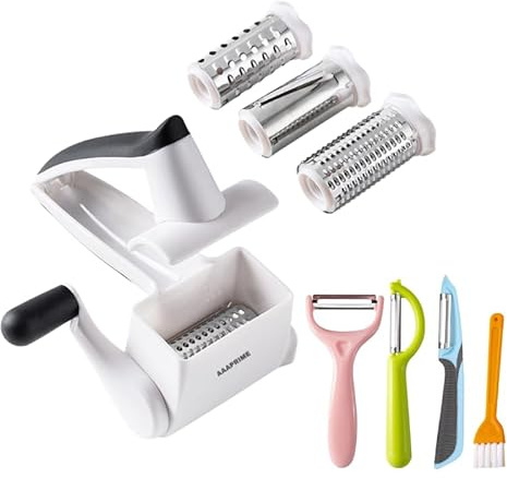 Rotary Cheese Grater with 3 Stainless Steel Drums – Manual Hand Crank Parmesan Grater for Cheese, Nuts, Chocolate & Vegetables – Deluxe Kitchen Tool Set with 3 Peelers and Cleaning Brush