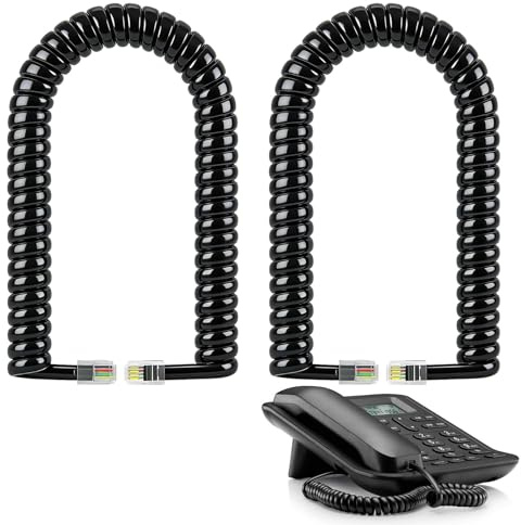 WaxYxaW Cable Telefónico en Espiral RJ9 Negro para Auriculares - Longitud Ajustable de 3 a 10 Pies (Paquete de 2) - Ideal para Teléfonos Fijos y Dispositivos Compatibles,Fácil Instalación