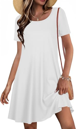 JOLIGAL Summer Dresses for Women Casual Short Sleeve Sundress Scoop Neck Beach T Shirt Dress with Pockets(White, L1)