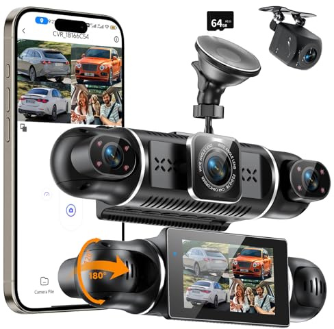 360° Dashcam Voiture Avant Arriere 4k + 1080p-4 Canaux Dash Cam avec Carte SD 64g, Écran IPS 3, Grand Angle 4 X 140°,Vision Nocturne,WDR, G-Capteur,Enregistrement en Boucle,App,24h Mode Parking