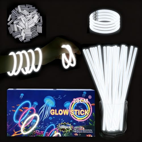 YAAVAAW 100Pcs White Glow Sticks Party Packs,Glow in the Dark Party Supplies,Children Glow Stick Necklaces Bracelets,20cm Glowsticks Bulk for Kids Adults Halloween Christmas Easter Party Bag Fillers