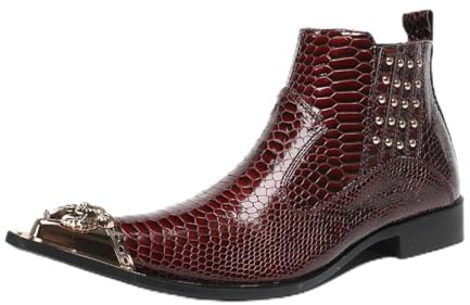 Yhsdfcn Botas de Equitación de Moda Hechas a Mano, Botas de Negocios con Cabeza de León Dorada - Botines de Lujo en Cuero Charol con Cremallera Lateral,Rojo,45 EU