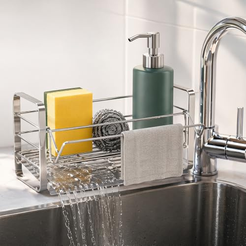 Organizador Fregadero Cocina Acero Inoxidable 304 Compacto Porta Estropajos Fregadero Soporte para Esponjas con Drenaje Inclinado y Toallero Bandeja Desagüe Extraíble para Bote Cepillos Estropajos