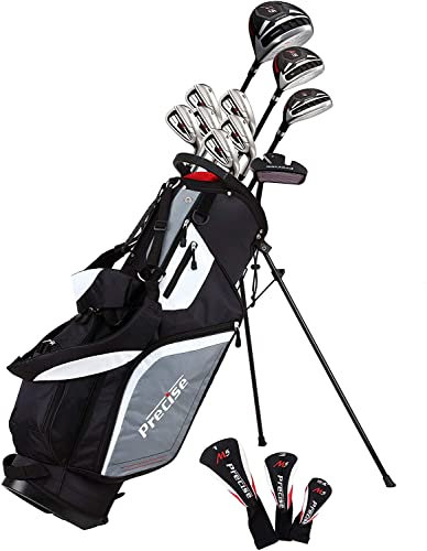 Precise M5 Men's Complete Golf Clubs Package Set Includes Titanium Driver, S.S. Fairway, S.S. Hybrid, S.S. 5-PW Irons, Putter, Stand Bag, 3 H/C's (Left Hand Tall Size +1)