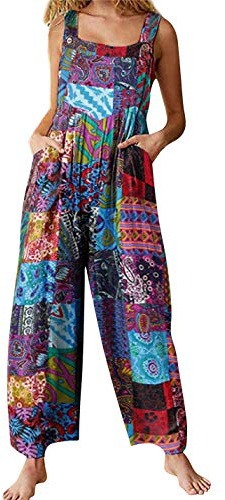 Himosyber Women's Patchwork Dual Pocket Jumpsuit Loose Floral Print Bohemian Wide Leg Bib Overall (#1Blue, L)