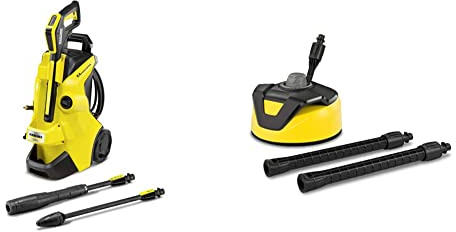 Kärcher Hochdruckreiniger K 4 Power Control: Clevere App-Unterstützung Gelb & Flächenreiniger T-Racer T 5 (Spritzwasserschutz, für große Flächen, Zwei Flachstrahldüsen)