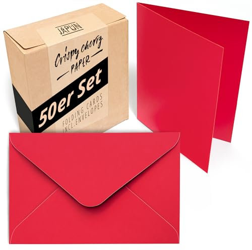 Japun - 50er Set blanko Falt-Karten inkl. Briefumschläge, Klapp-Karten zum gestalten, beschriften oder bedrucken - DIN A6 / C6 - rot