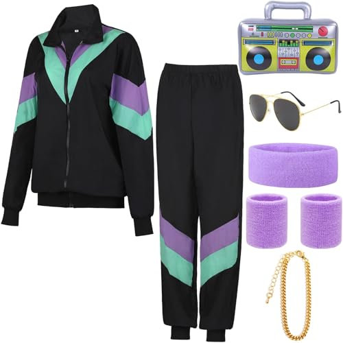 90er Outfit Herren Damen Mottoparty Kostüm Trainingsanzug Jacke Hose Anzug Accessoire Kleidung Herren Rocker Vintage Bad Taste Kostüm für Karneval (XL)