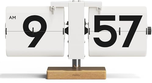 mooas Classic Modern Wood Big Flip Desk Clock (White), Retro Vintage Analog Design Auto Flip Clock Table Clock Large Number Battery Powered, Ideal for Home Office School Hotel Café