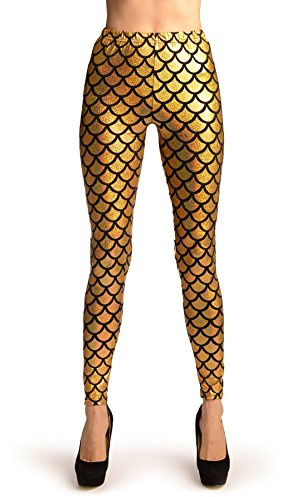FASHION 7STAR Ladies Fancy Dance Party Mermaid Metallic Legging Girls Stretchy Tight Disco Fish Scale Printed Full Length Leggings Pants Gold