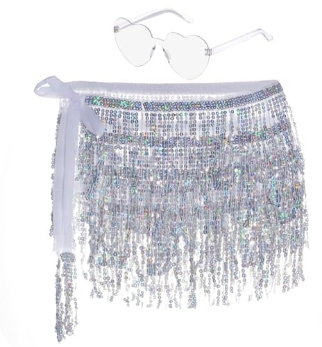 Glitzer Rock Damen Fransen Rock Glitzer mit Hippie Brille Mini Latein Rock Kurz Bauchtanz Kostüm Rave-Kostüm für Frauen Mädchen (DE/NL/SE/PL, Alphanumerisch, Einheitsgröße, Regular, Regular, Silber)