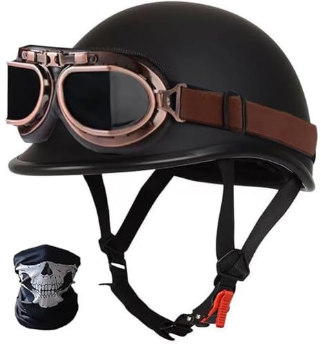SYEBVTQ Casco Moto Vintage Tedesco Certificazione ECE- Casco Semi-Aperto con Occhiali da Aviatore, Caschi Scooter Caschi Street Cruiser da Uomo E da Donna ABS ad Alta Resistenza