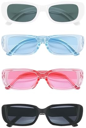 XDGBGFN Lot de 4 lunettes de soleil rectangulaires vintage des années 90 - 4 couleurs - Pour femme et fille, Rose