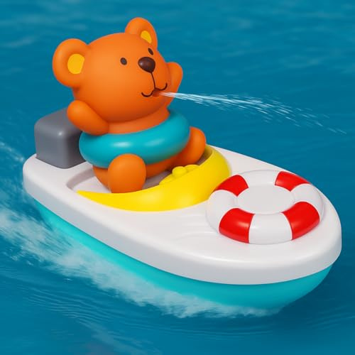 Toyana Baby Wind Up Bath Toy, Floating Water Boat with Cute Water Squirt Bear Bathtub & Pool Toy, Wind-Up Mechanism Propeller, Bathtime Fun Gift Toy for Toddlers