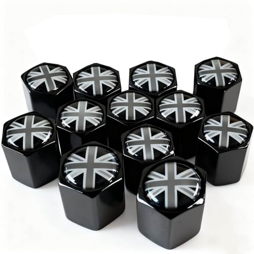 12 tapas de válvula de aleación de neumáticos de metal, tapas antipolvo para Mini Cooper (Union Jacks), tapas de válvula de neumáticos, tapas de metal negro, universales para coches, SUV, bicicletas