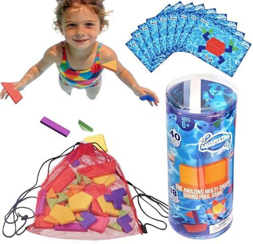 Lainiaoly De Piscine De Plongée pour Enfantt, Jouet De Piscine avec Sac en Filet, Ensemble De Jeu De Recherche Et De Recherche sous-Marine, Blocs Géométriques De Sept Couleurs, Cartes De Défi, Cadeau