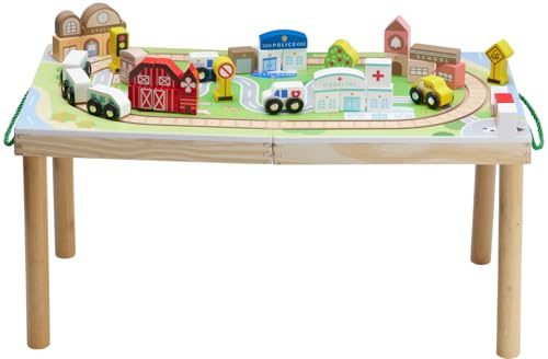 Envenzo 29 Piece Wooden Set Activity Play Table with Cars, Road Signs and Building Blocks, Foldable Kids Playset with Storage Case, Educational Toy for Toddlers and Children