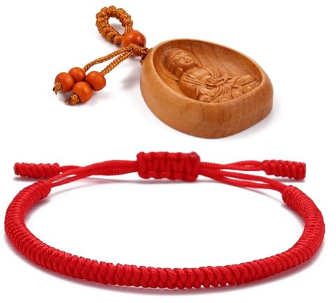 LUCKY BUDDHIST Bracciale Tibetano Buddista Regolabile – Bracciale in Corda Intrecciata per Uomo e Donna – Include Portachiavi Buddha in Legno