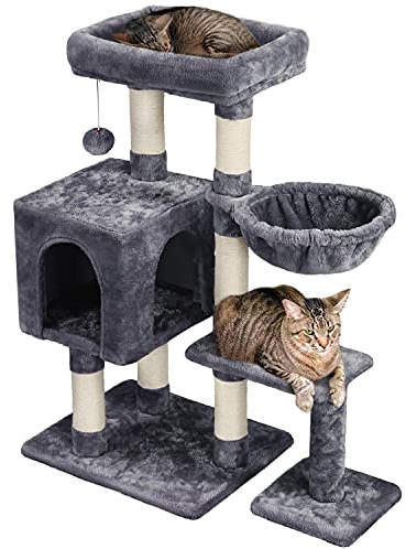 Yaheetech 96cm Cat Tree Tower with Large Perch, 6 Scratching Posts and Cozy Condo for Indoor Cats, Activity Centre Cat House for Large Kittens, Dark Grey