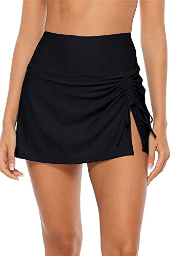 CharmLeaks Women Swim Skirt Ruched Swimsuits Side Slit Pull Tie Bikini Bottom Black L