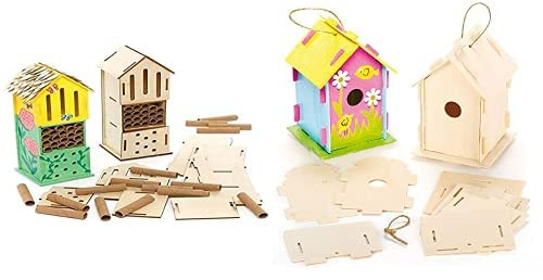 Baker Ross FE508 Wooden Bug Hotel Kits - Pack of 2, Woodcraft Activities to Paint and Decorate & EF665 Wooden Birdhouse Kits (Pack Of 2) For Kids To Make & Decorate
