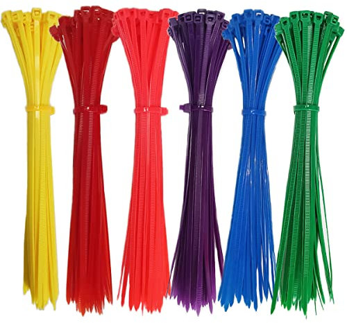300 Stück bunte Kabelbinder, 200 mm x 3,6 mm, Nylon-Kabelbinder, 6 Farben, Gelb, Rot, Orange, Violett, Blau, Grün, 50 Stück jeder Farbe.