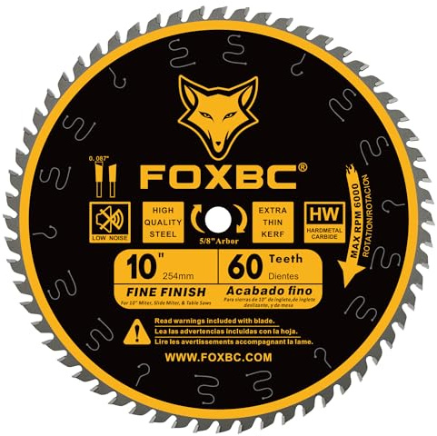 FOXBC 10 Inch Thin Kerf Fine Finish Crosscut Table Saw Blade, 60-Tooth ATB, with 5/8-Inch Arbor