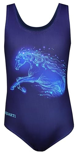 Aquarti Badeanzug Mädchen – Sportlicher Mädchen Badeanzug mit Ringerrücken Print, Farbe: Pferd/Dunkelblau, Größe: 170