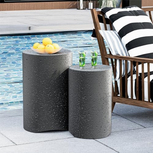 HOMPUS Beistelltisch für den Außenbereich, Beton, rund, gepunktet, moderner Vintage-MgO, leicht, funktional, für den Innen- und Außenbereich, Garten, Deck, Pool, Grau