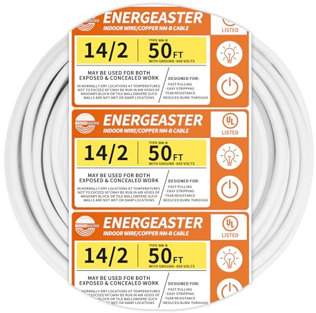 Energeaster Solid Indoor 14/2 W/G NMB Cable 50ft Coil，Electrical Wire 14 Gauge Wire 2 Conductors Non-Metallic with Ground Wire(White)